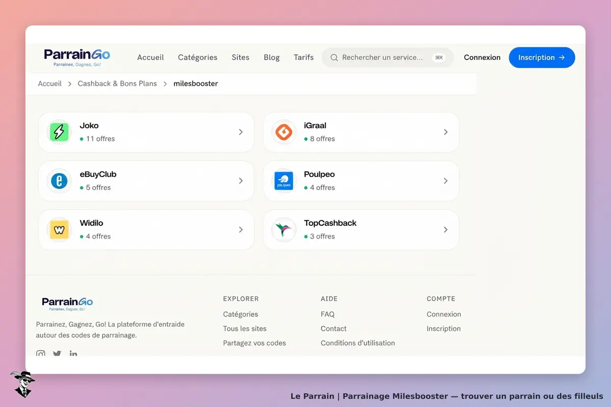Milesbooster : page d'accueil avec liste de partenaires et options de connexion et d'inscription