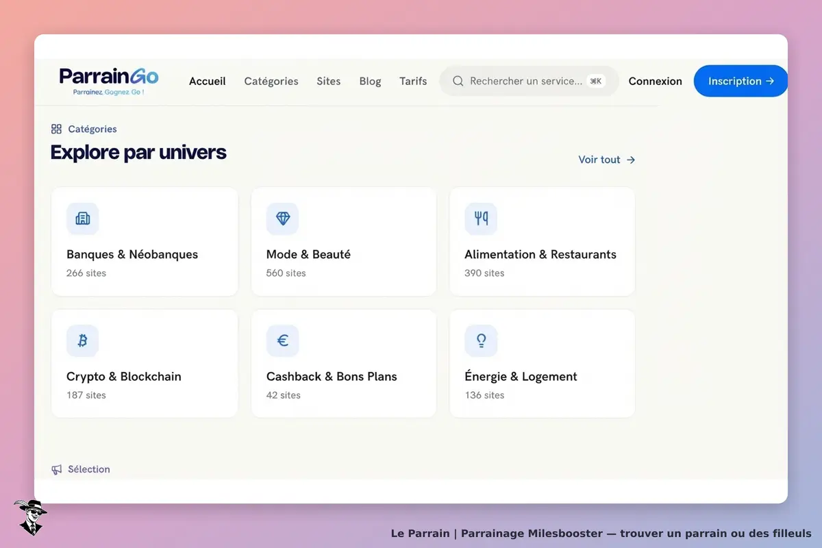 Milesbooster : parrainGo : page d'accueil avec catégories de services et nombre de sites associés