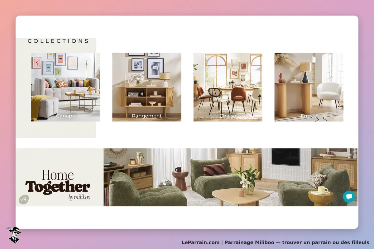 Miliboo : collections de mobilier avec canapé, rangement, chaise et entrée en présentation