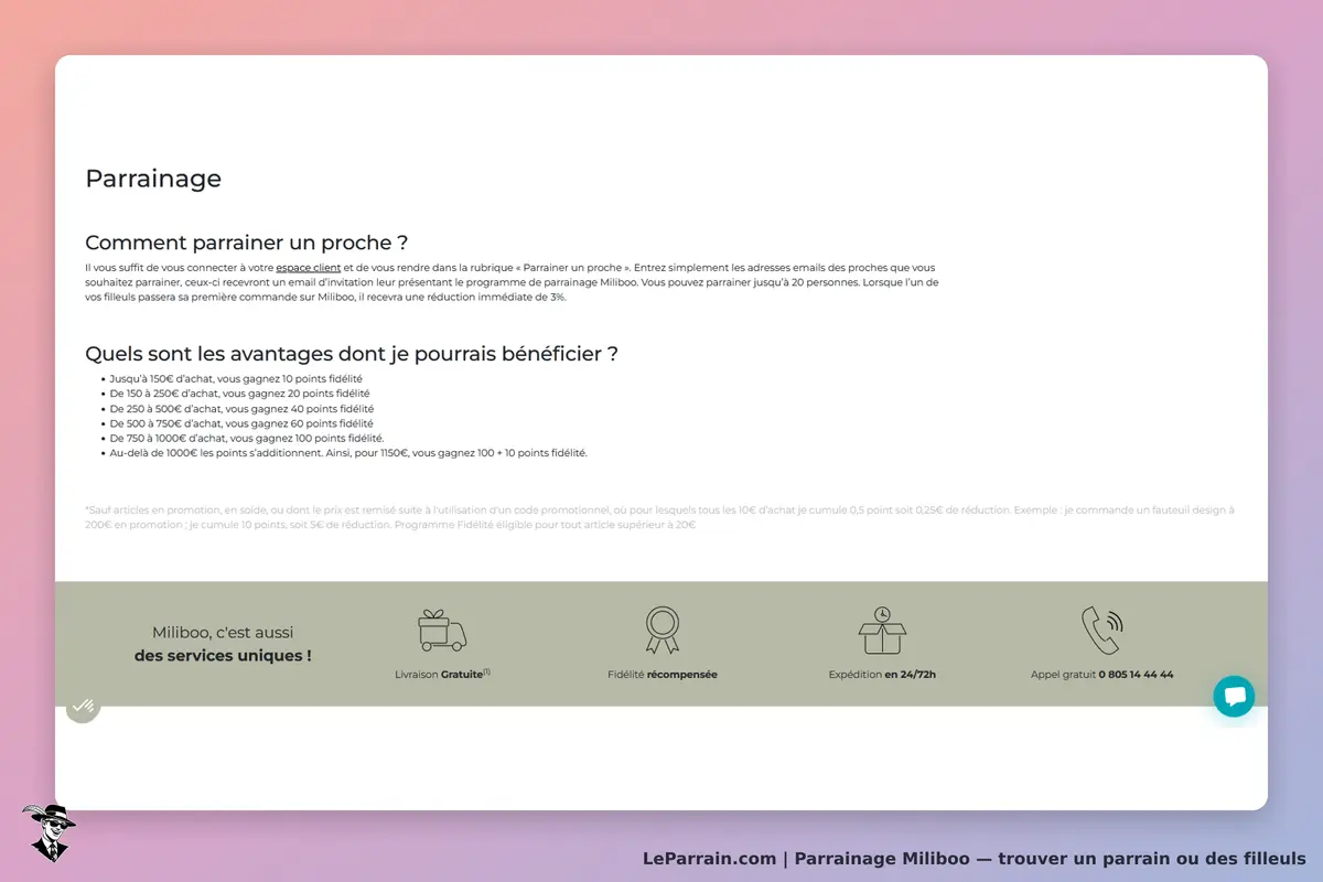 Miliboo : page d'accueil sur le parrainage avec avantages et contact client