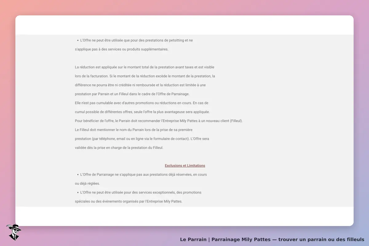 Conditions Mily Pattes : nom du parrain à la première réservation, validation à la prise en charge, non-cumul et prestations exclues.