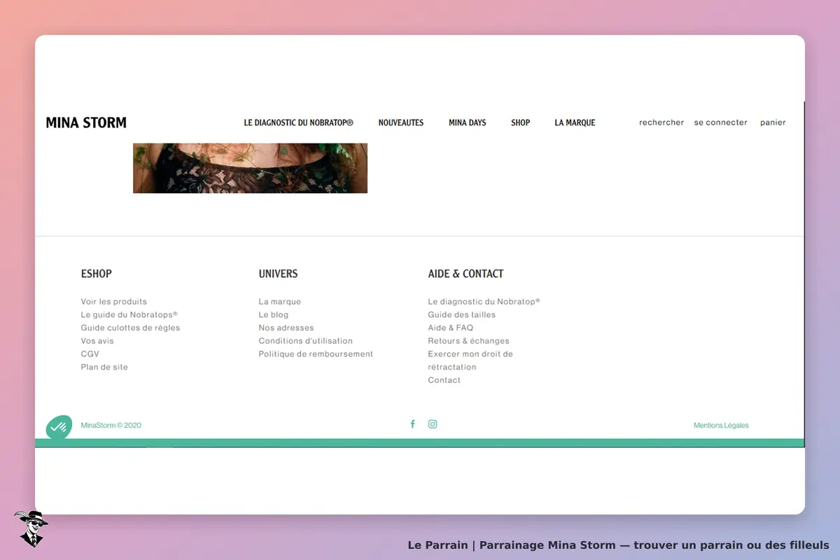 Mina Storm : page d'accueil avec menu, image et liens vers différentes sections du site
