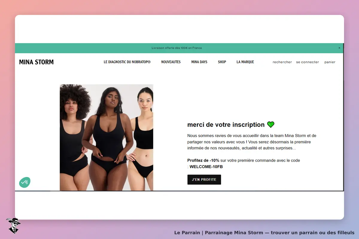 MINA STORM : trois modèles en maillots de bain noirs sur fond blanc avec message d'inscription