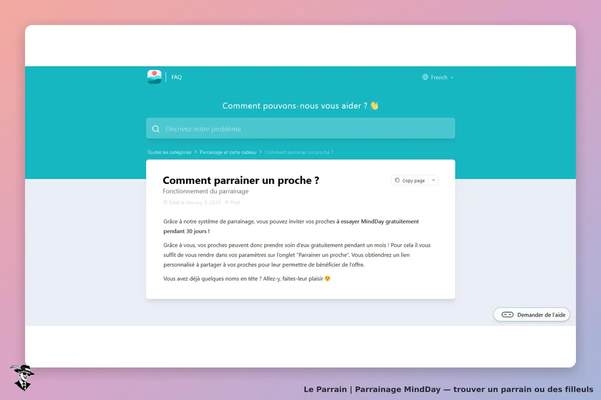 MindDay : page FAQ avec un article sur le parrainage et un formulaire de recherche de problème