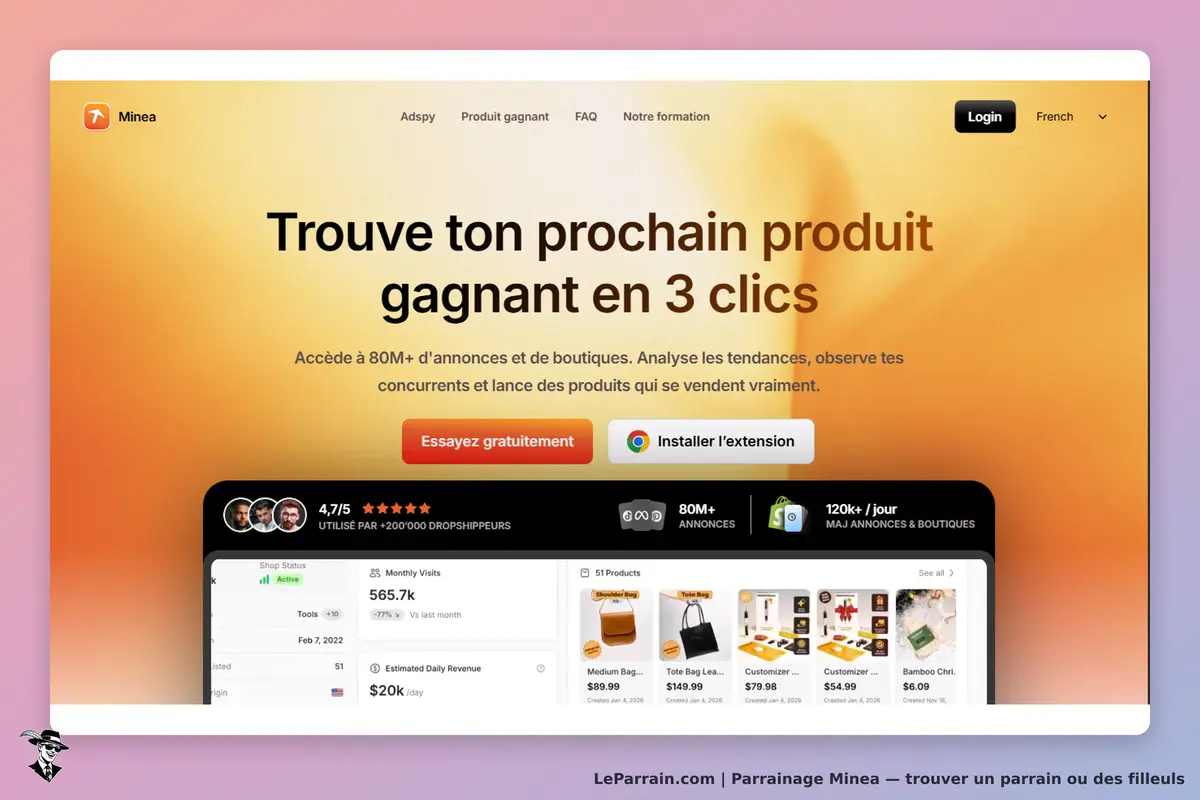 Minea : page d'accueil présentant un outil d'analyse de produits et des statistiques de ventes