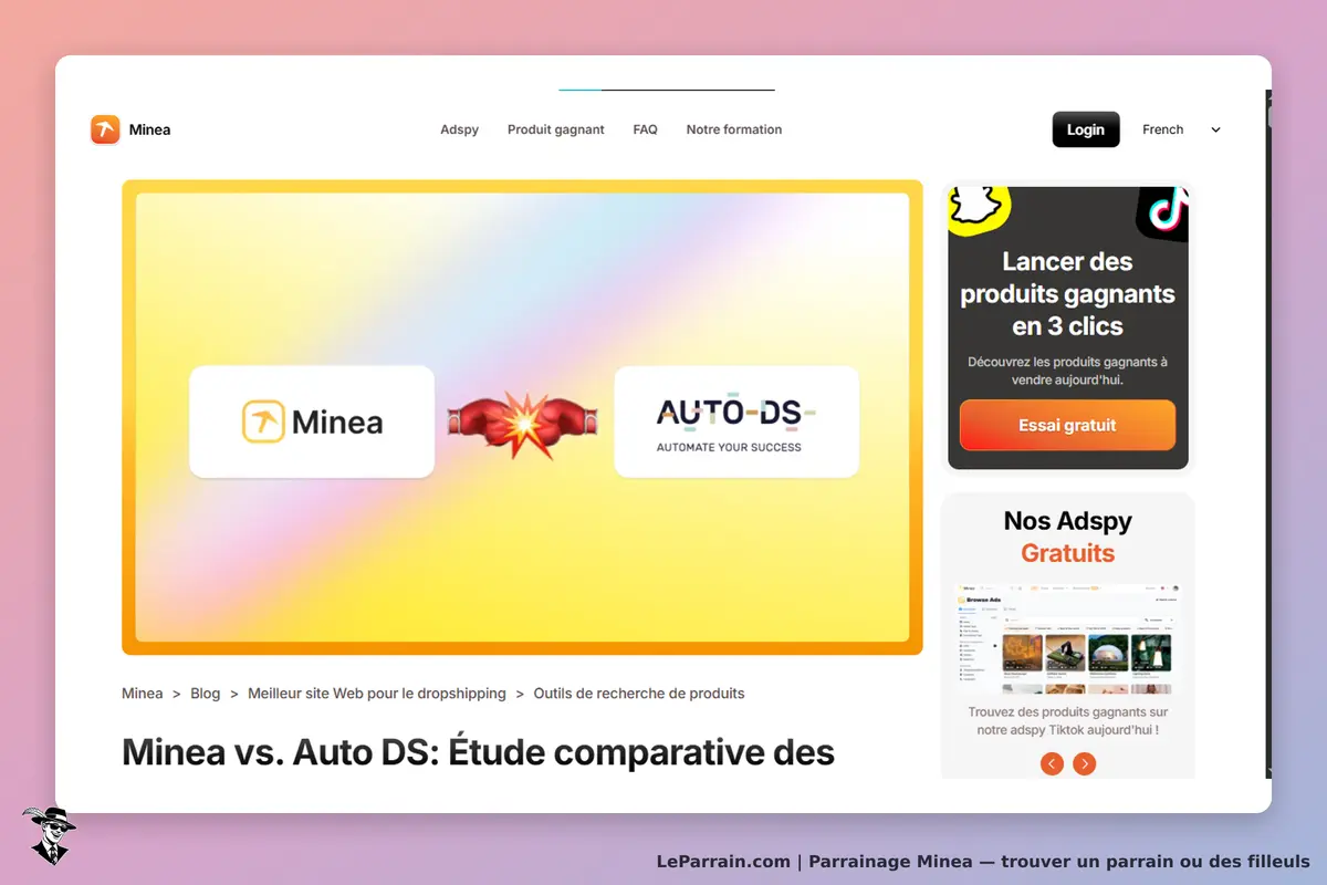 Minea : page d'accueil présentant une comparaison entre Minea et Auto DS