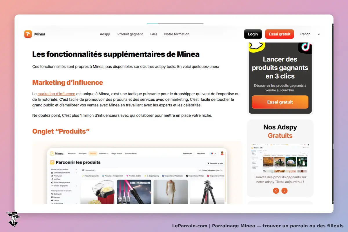 Minea : page présentant les fonctionnalités et le marketing d'influence de Minea