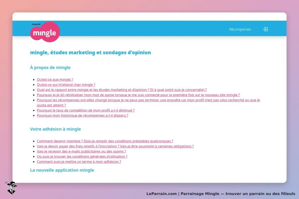 Mingle : page d'accueil avec questions fréquentes sur le service et l'adhésion