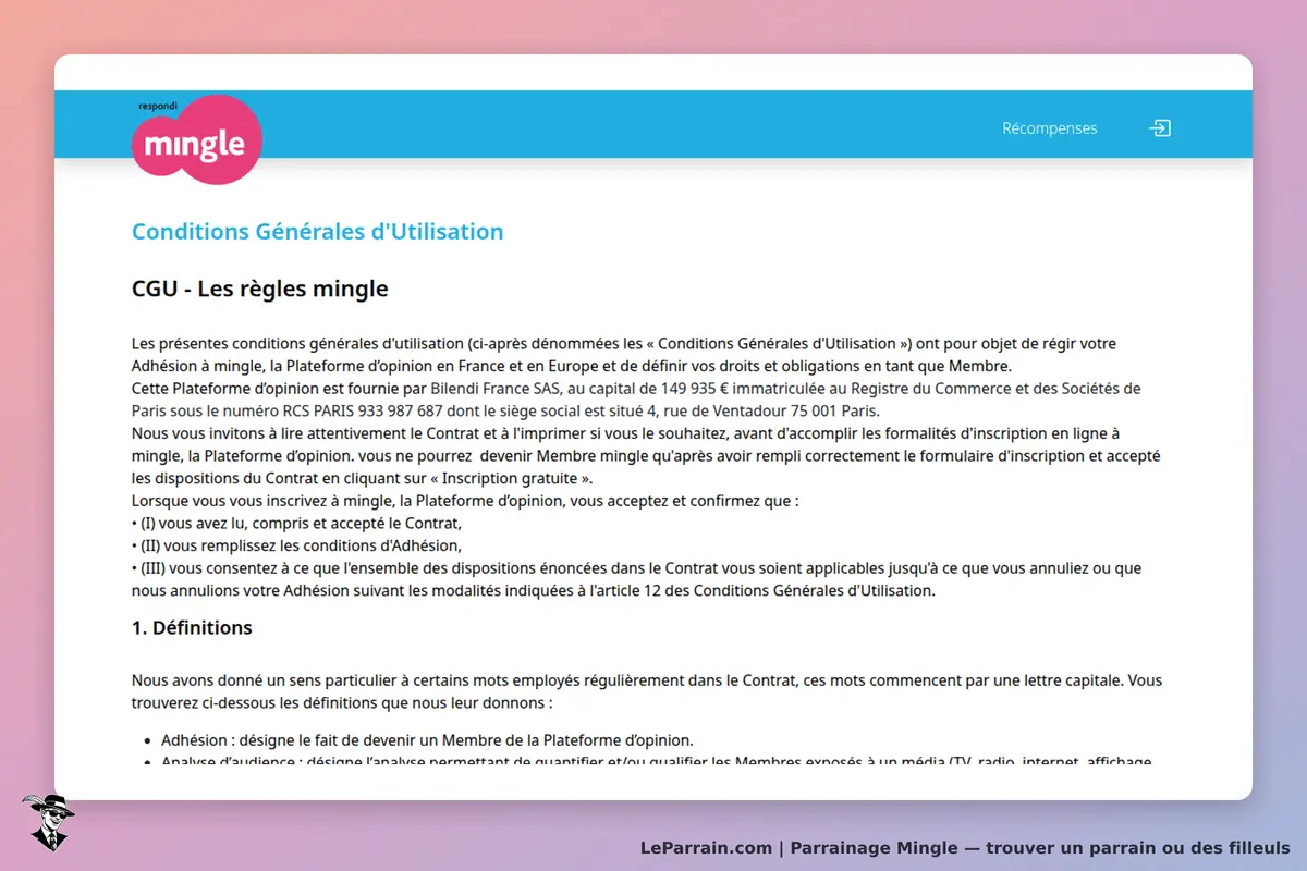 Mingle : conditions générales d'utilisation affichées sur la page d'accueil du site
