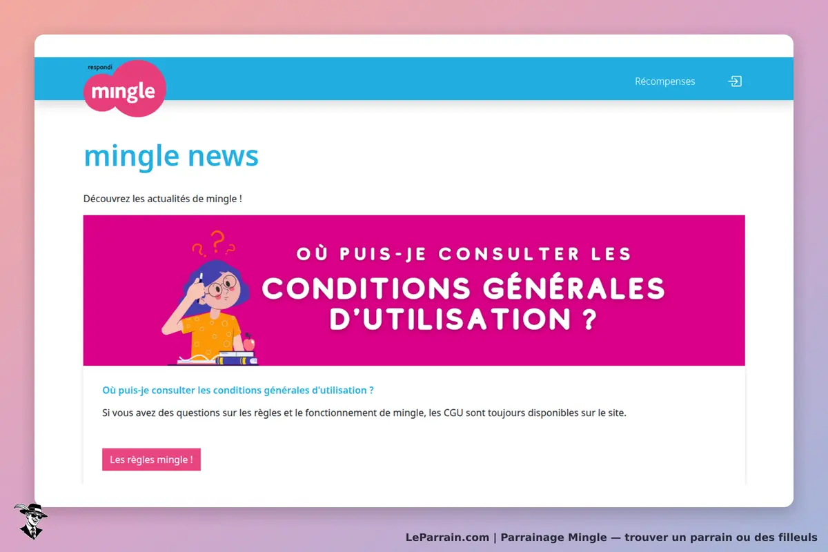 Mingle : page d'accueil avec actualités et question sur les conditions d'utilisation