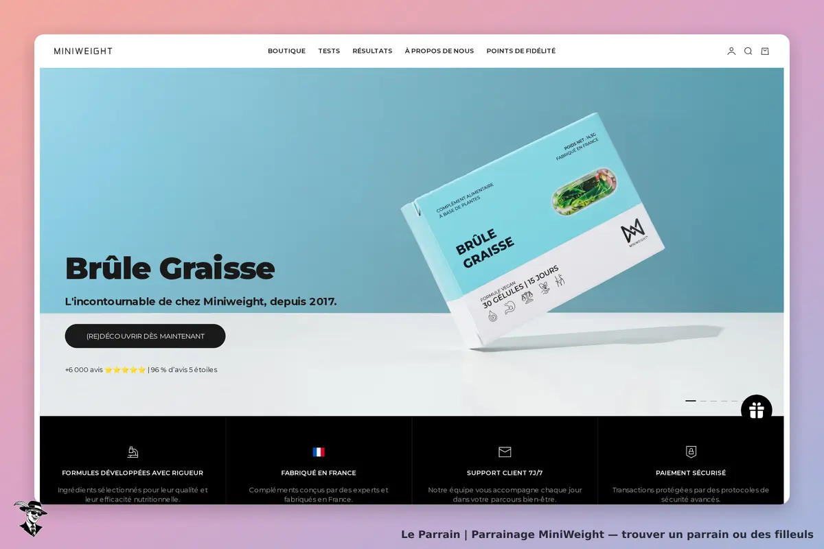 MiniWeight : page d'accueil présentant le produit "Brûle Graisse" et ses caractéristiques
