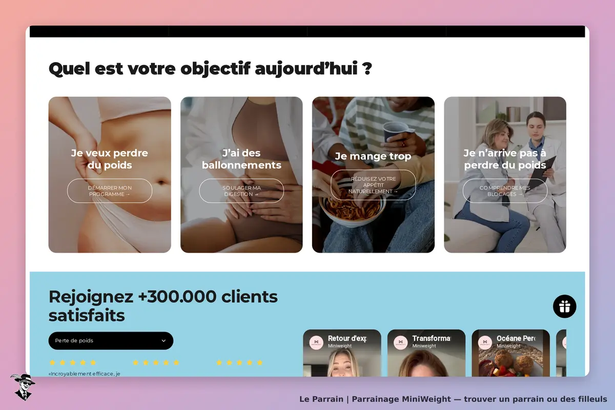 MiniWeight : page d'accueil avec options d'objectifs de perte de poids et témoignages clients