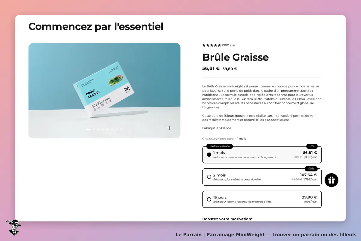 MiniWeight : page d'accueil présentant le produit Brûle Graisse avec options de cure