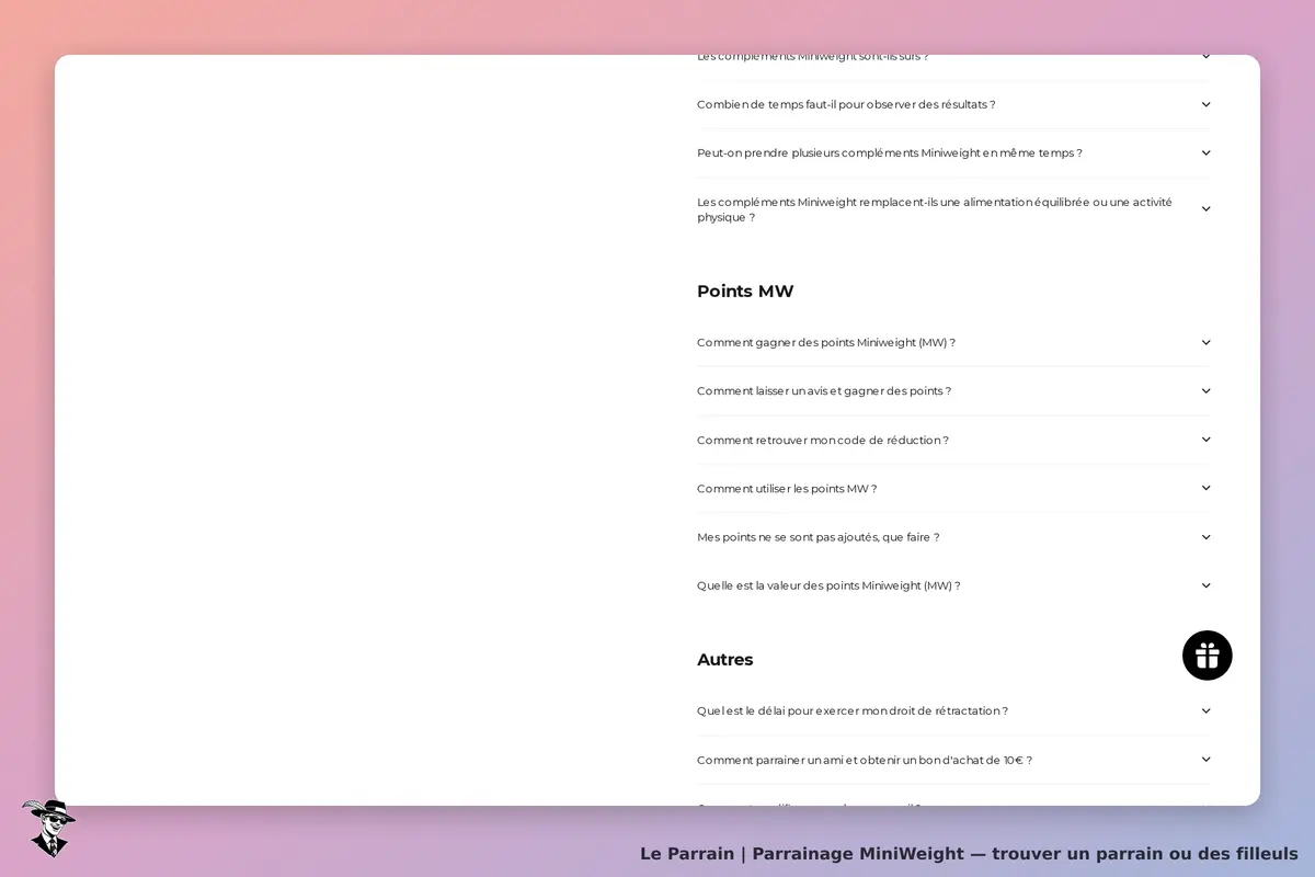 MiniWeight : section FAQ avec questions sur les points et le parrainage