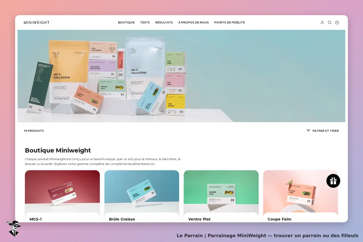 MiniWeight : page d'accueil présentant divers produits de la boutique avec emballages colorés