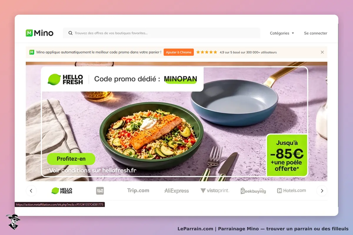 Mino : page d'accueil avec plat préparé et poêle sur fond coloré, options de navigation en haut