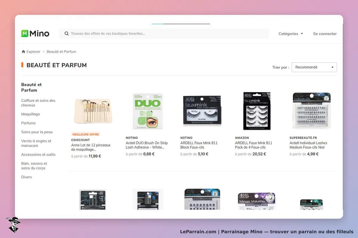 Mino : page d'accueil de la catégorie Beauté et Parfum avec divers produits affichés