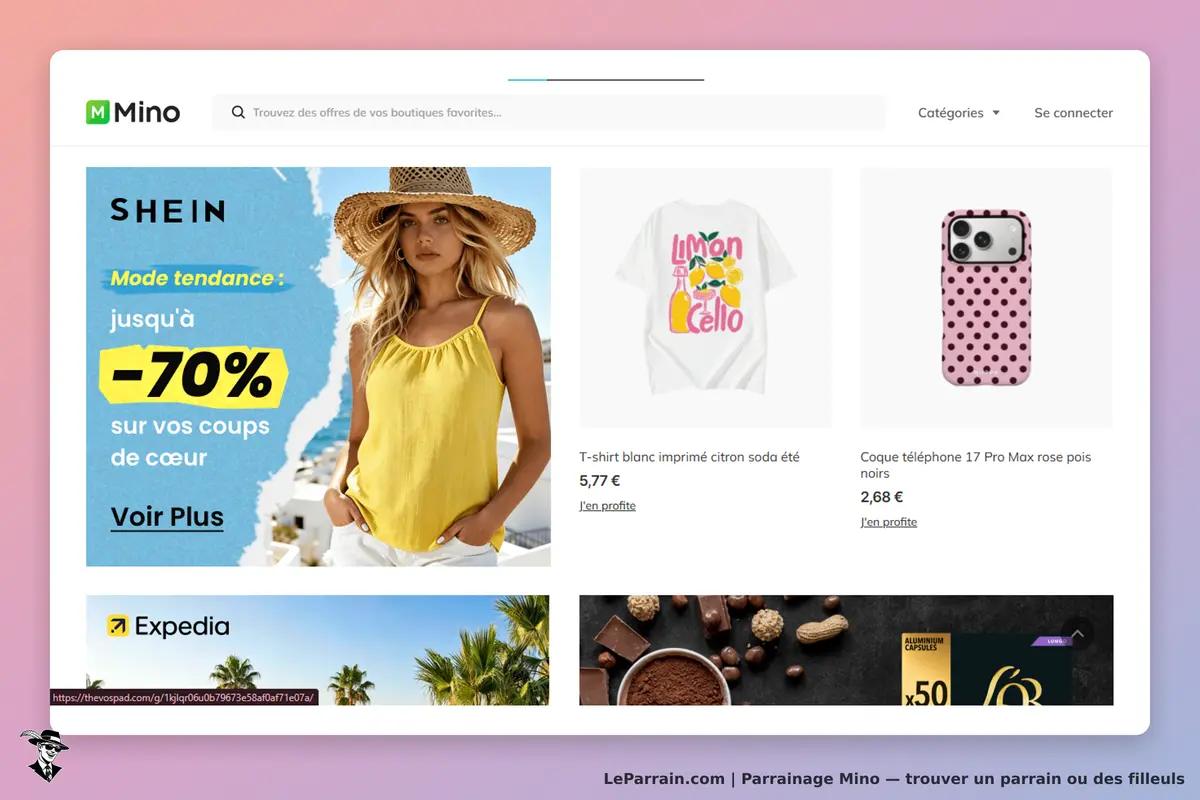 Mino : page d'accueil affichant divers produits et promotions de boutiques en ligne