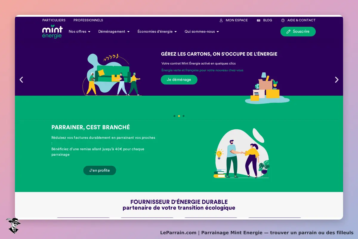 Page d'accueil de Mint Énergie avec offres de parrainage et gestion d'énergie.