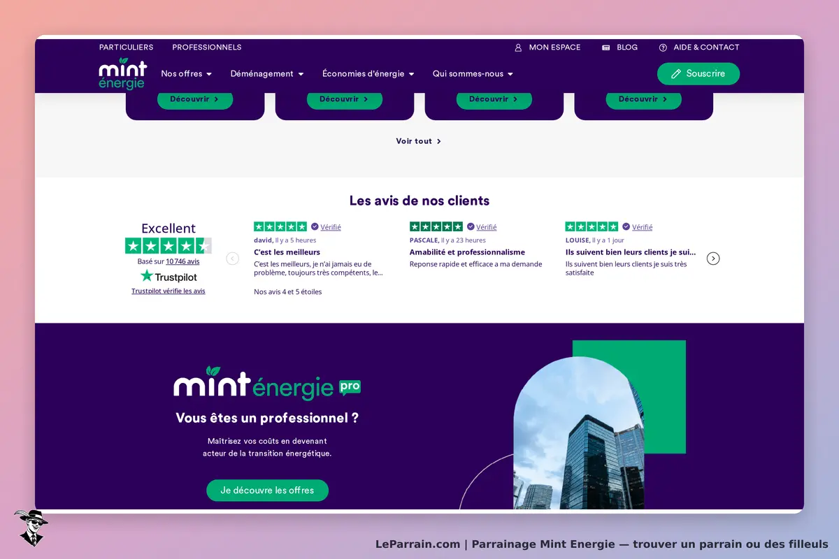 Avis clients et offres de Mint Énergie sur un fond coloré, avec une image de bâtiments.