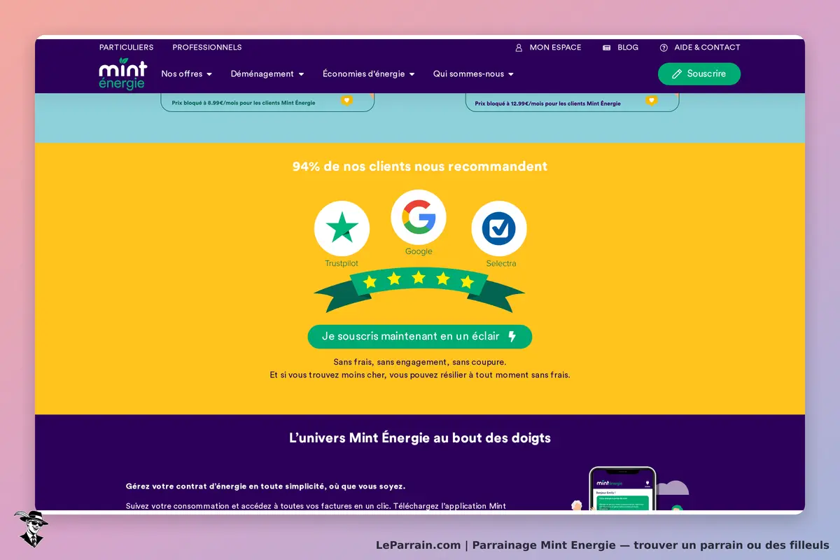 Page d'accueil de Mint Energie avec recommandations et offres d'abonnement.