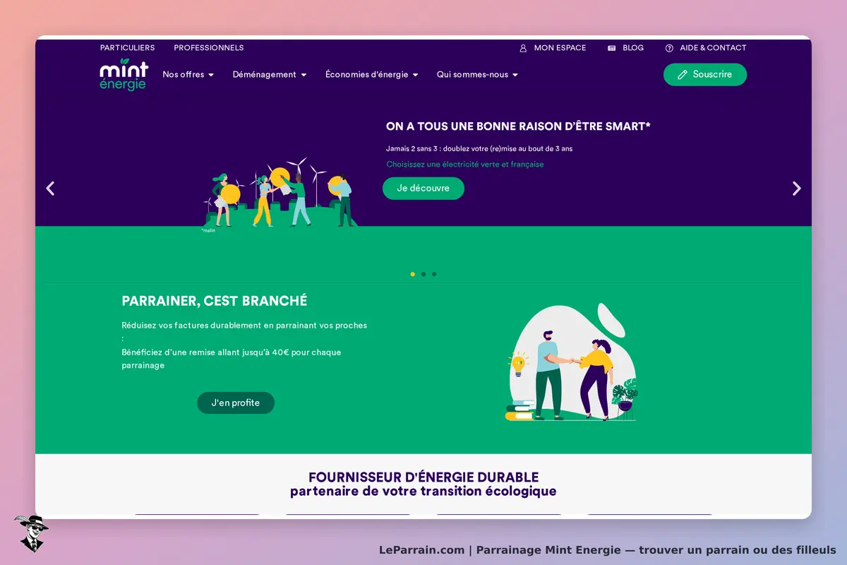 Capture d'écran du site Mint Energie sur le parrainage et l'énergie durable.