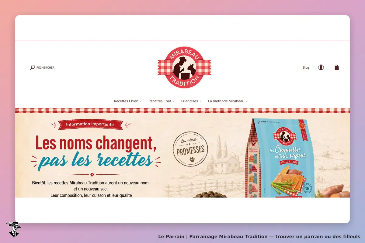 Mirabeau Tradition : page d'accueil avec un message sur les recettes et un produit en sachet