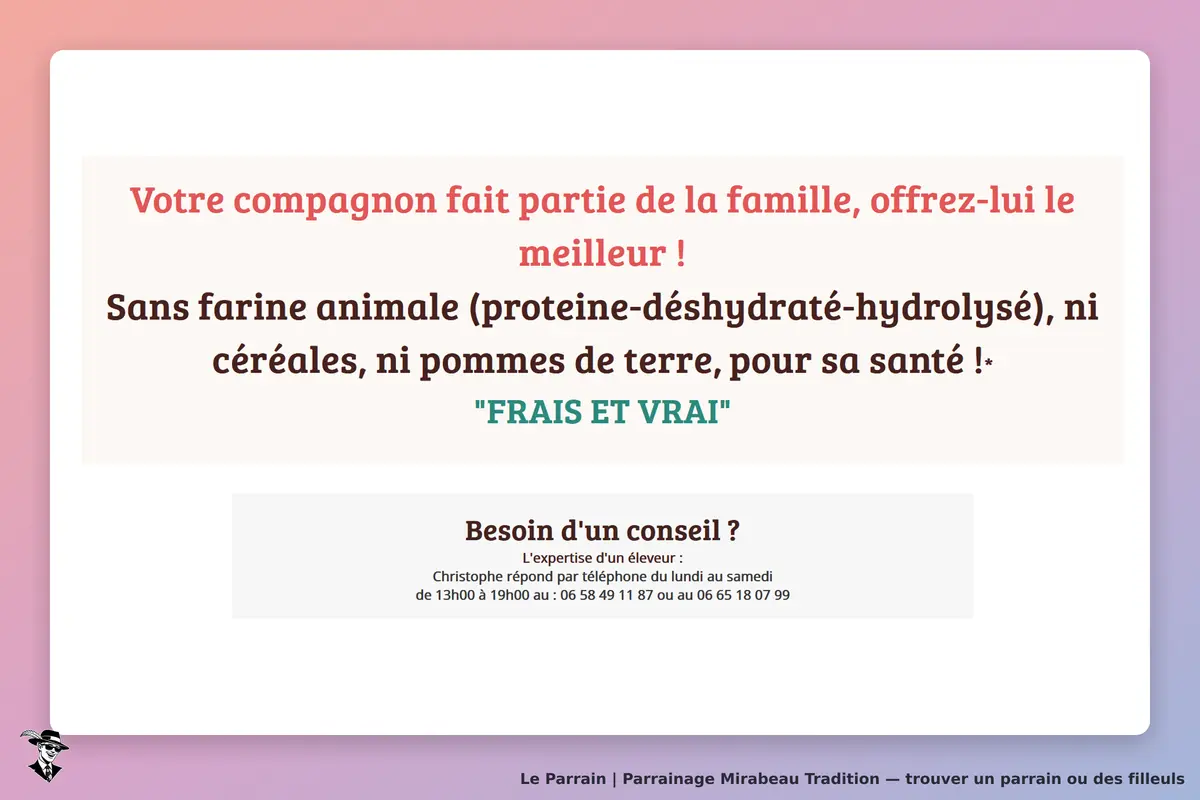 Mirabeau Tradition : message sur l'alimentation animale et contact pour conseils