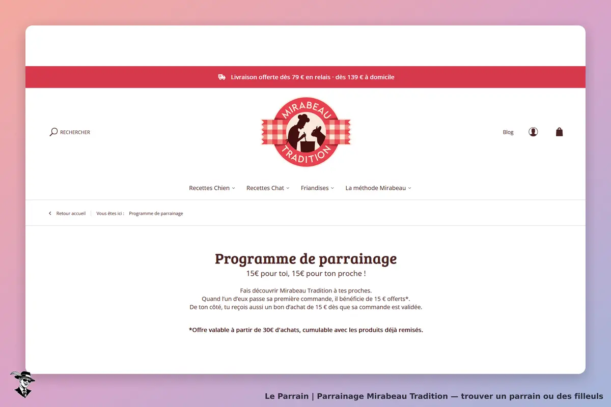 Mirabeau Tradition : page d'accueil avec programme de parrainage et options de navigation