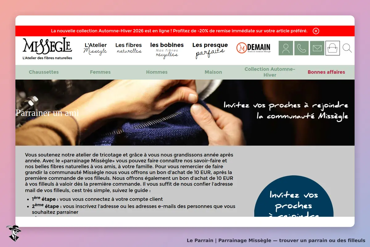 Missègle : page d'accueil présentant le parrainage avec une main tricotant un fil