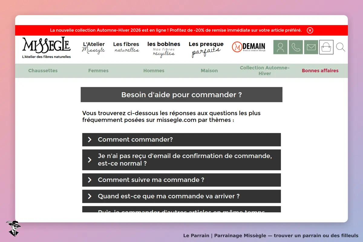 Missègle : page d'aide pour commander avec questions fréquentes sur le processus d'achat