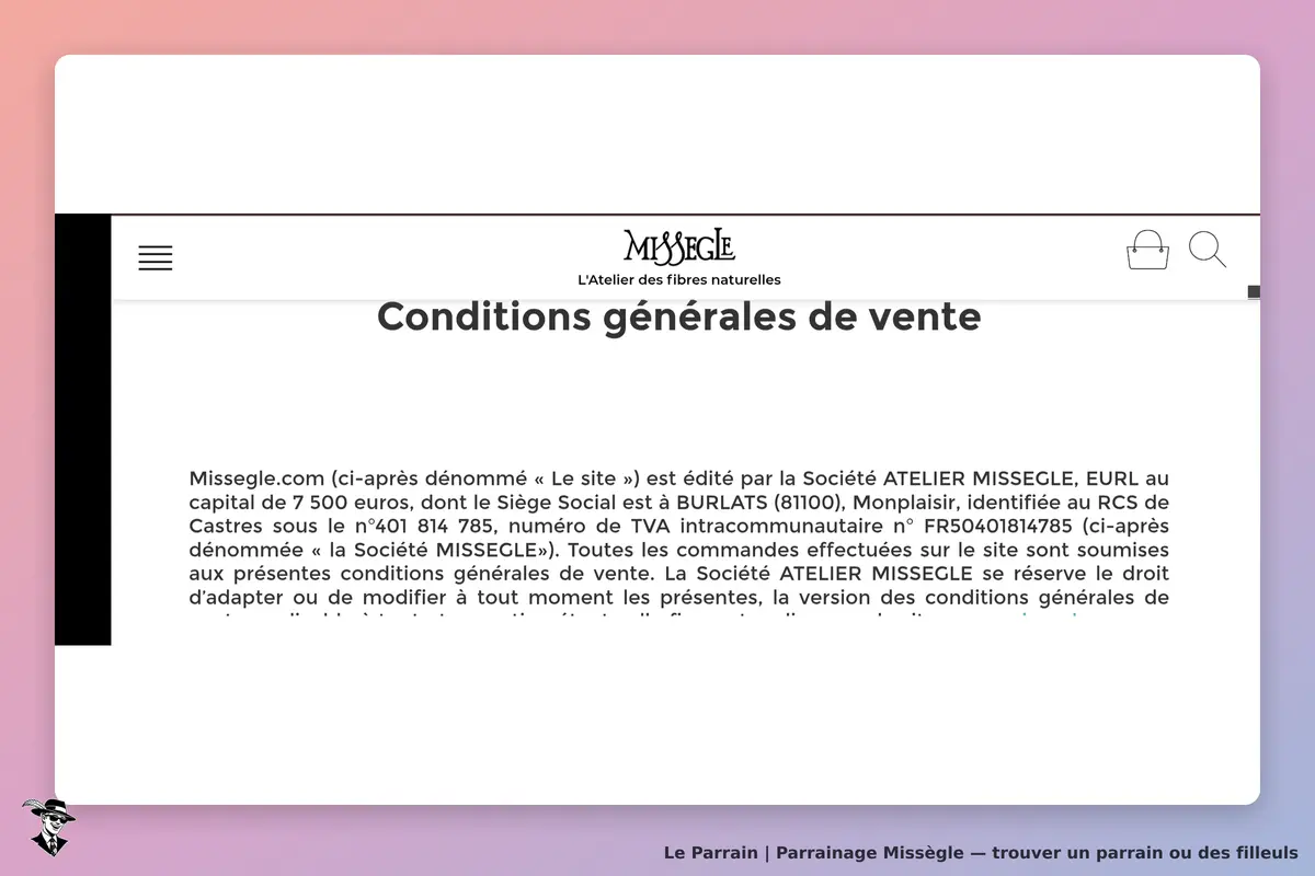 Missègle : conditions générales de vente affichées sur la page d'accueil du site