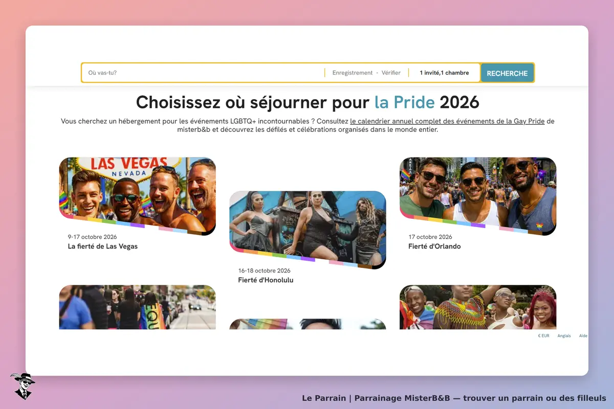 MisterB&B : page d'accueil avec événements LGBTQ+ et images de célébrations de la Pride