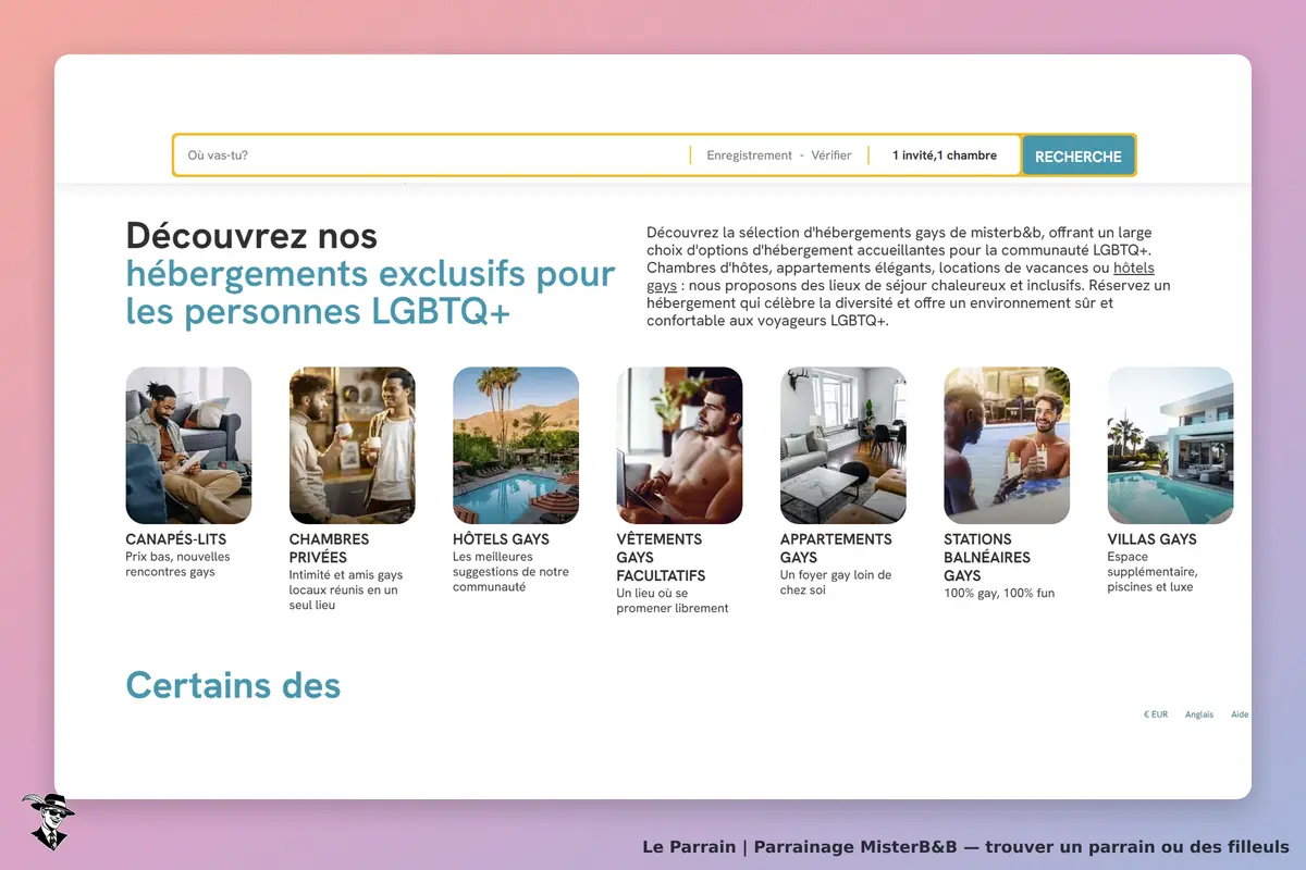MisterB&B : page d'accueil avec options d'hébergement pour la communauté LGBTQ+