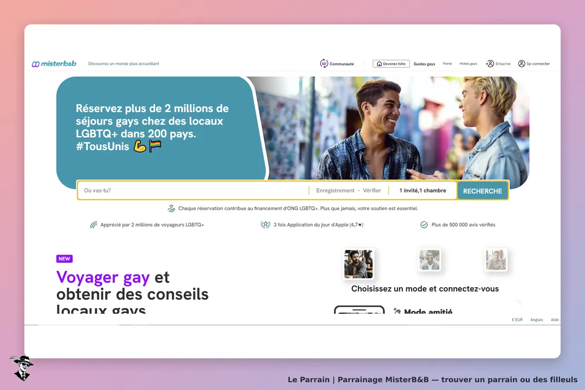 MisterB&B : page d'accueil avec un formulaire de recherche et deux hommes souriants