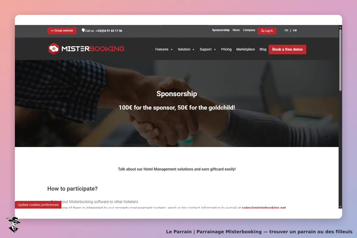 MISTERBOOKING : page d'accueil avec un visuel de poignée de main et section sur le parrainage