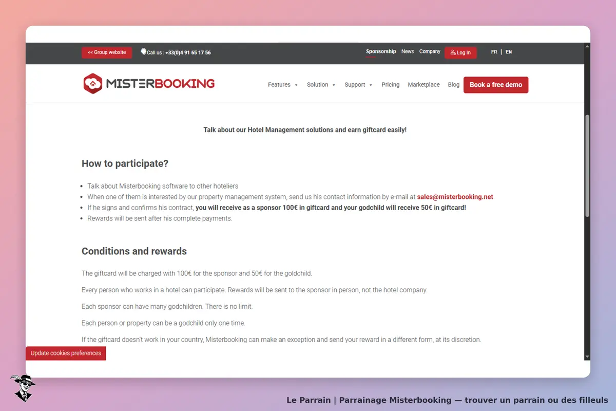 Misterbooking : page d'accueil avec informations sur le parrainage et conditions de participation