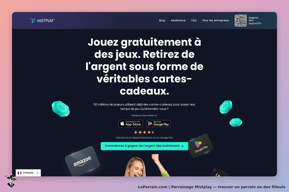 Mistplay : page d'accueil avec texte sur les jeux et icônes de cartes-cadeaux