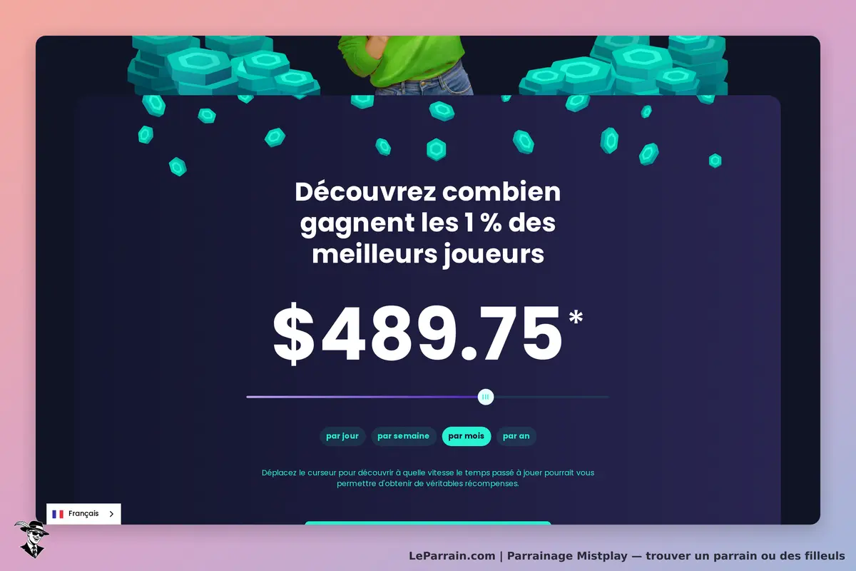 Mistplay : écran d'accueil avec message sur les gains des meilleurs joueurs et un curseur