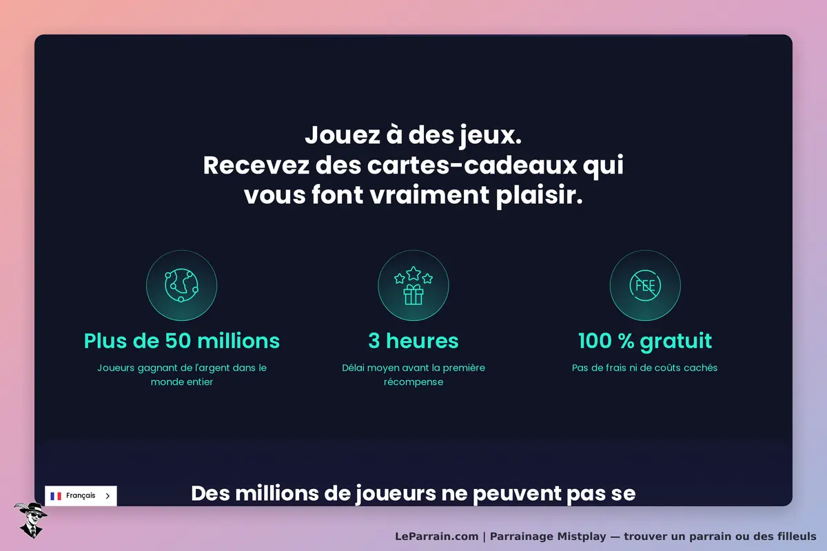 Mistplay : écran d'accueil avec texte sur les jeux et récompenses, trois icônes informatives