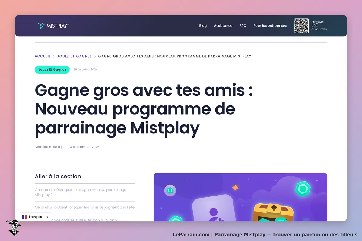 Mistplay : page d'accueil présentant le programme de parrainage avec des sections d'information
