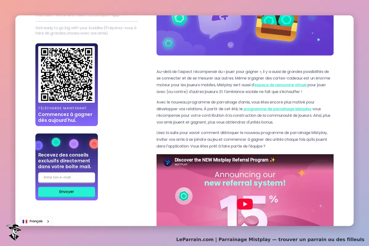 Mistplay : page d'accueil avec QR code, formulaire d'inscription et vidéo sur le programme de