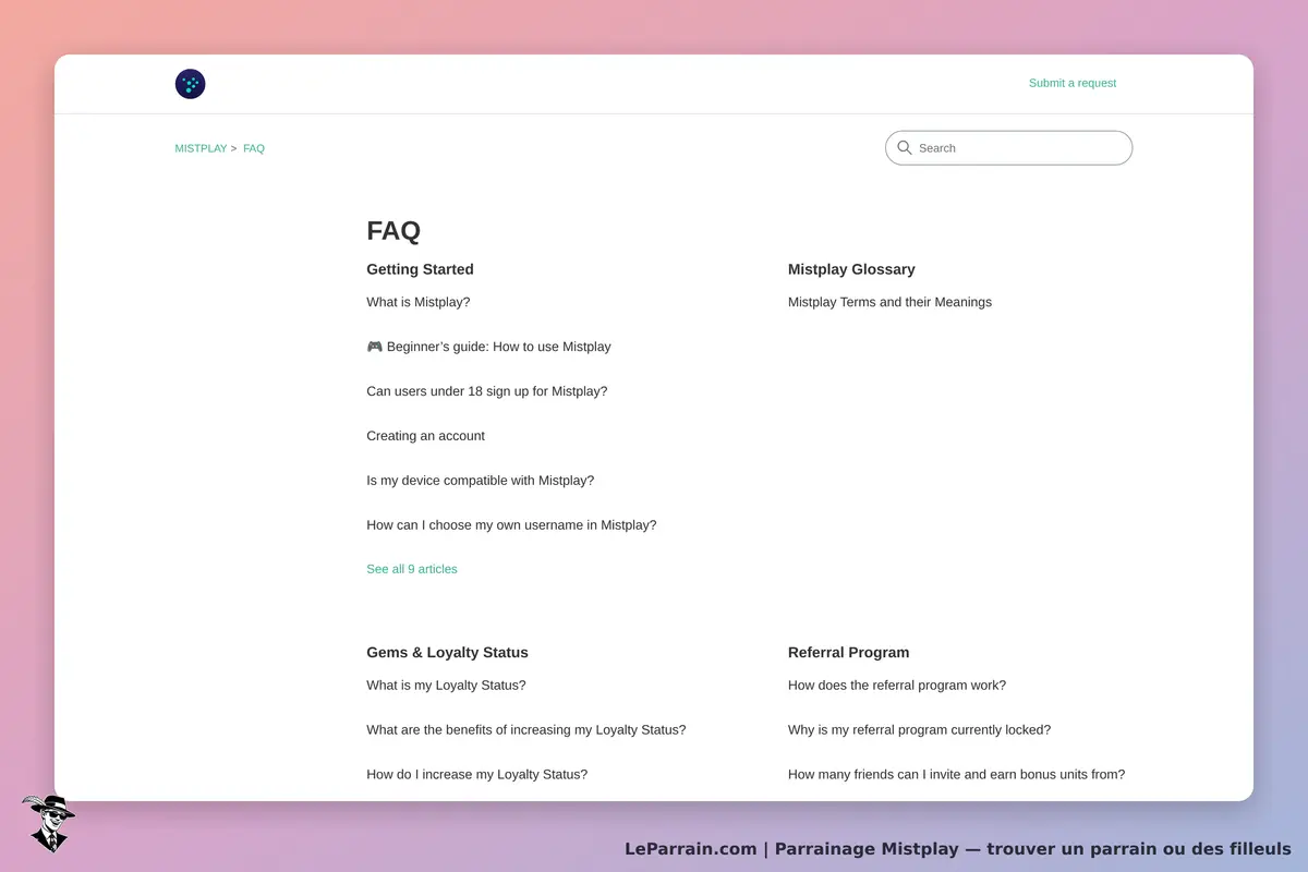 Mistplay : page FAQ avec différentes sections sur l'utilisation et les fonctionnalités du service