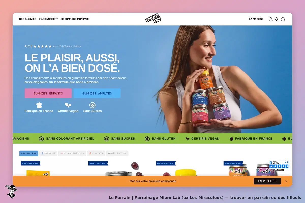 Mium Lab (ex Les Miraculeux) : mium Lab : page d'accueil avec une femme tenant des pots de gummies