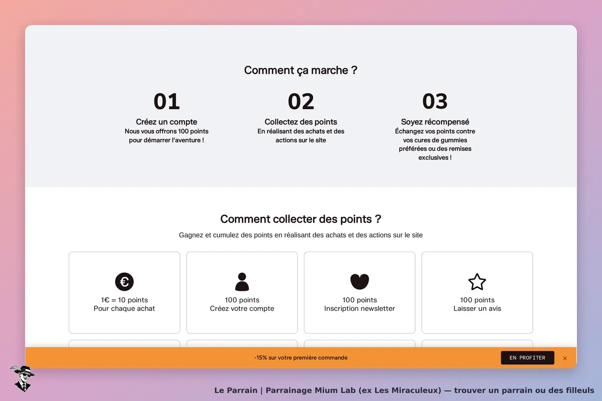 Mium Lab (ex Les Miraculeux) : mium Lab : section sur la collecte de points et étapes pour créer un