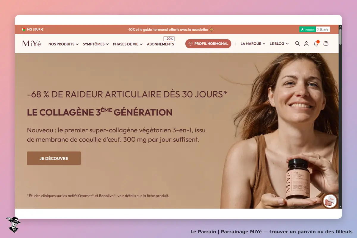 MiYé : page d'accueil présentant le collagène 3ème génération avec une femme souriante et un