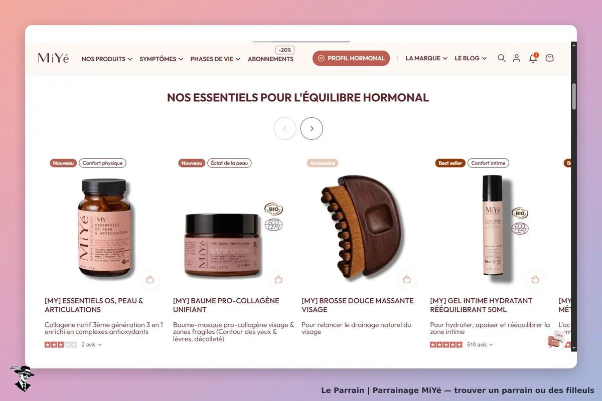 MiYé : page d'accueil avec produits pour l'équilibre hormonal et descriptions associées