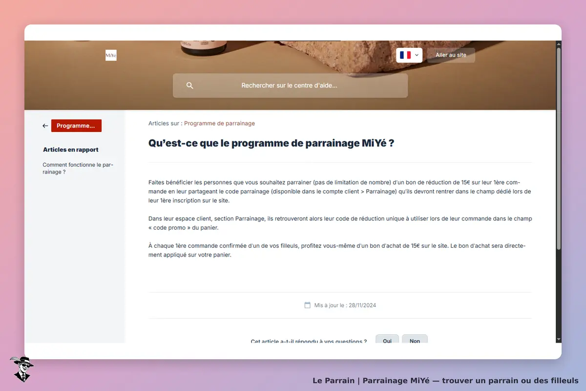 MiYé : page d'accueil présentant le programme de parrainage avec explications et articles en