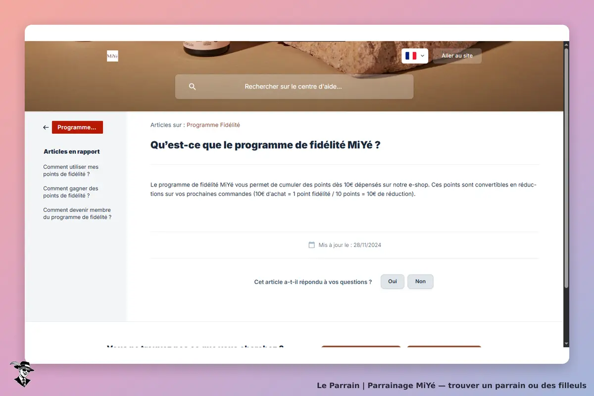 MiYé : page d'accueil sur le programme de fidélité avec articles en rapport et questions