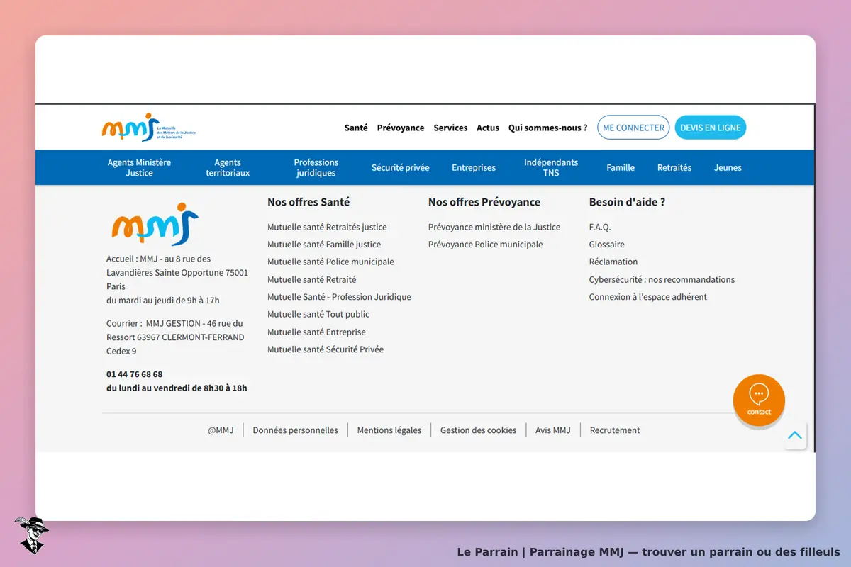 MMJ : page d'accueil avec offres santé et prévoyance, coordonnées et assistance en bas